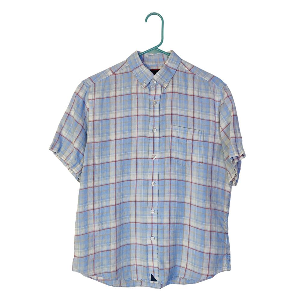 Untuckit Linen Wrinkle Resistant Short Sleeve Button Down Shirt Small Blue Plaid